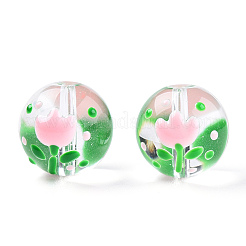 エナメルビーズ入り透明ガラス  花模様の丸  ピンク  13x12x11mm  穴：1.2~1.5mm&nbsp;LAMP-T011-20A