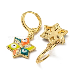 本物の18K金メッキ真鍮ダングルフレンチフックピアス  エナメル質とキュービックジルコニア付き  ナザールボンジュウ  きいろ  30.5x13mm&nbsp;EJEW-A033-19G-05
