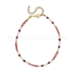 Natural Rainbow Moonstone & Rhodonite & Ruby Faceted Round and Potato Natural Pearl Beaded Anklets&nbsp;AJEW-AN00855-02