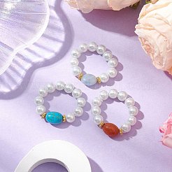 楕円形の合成ターコイズと天然のレッドアベンチュリンとアクアマリンのビーズの指輪  女性用ラウンドガラスパールビーズストレッチリング  8mm  内径：15mm  3個/セット&nbsp;RJEW-JR00768