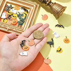 30 個 6 スタイルハロウィンラックメッキ合金エナメルペンダント  カドミウムフリー＆ニッケルフリー＆鉛フリー  エメラルドラインストーンとキラキラパウダーで  猫とおばけとカボチャ  ミックスカラー  13~27x14~25x1.5~2.5mm  穴：1.8mm  5個/スタイル&nbsp;PALLOY-CJ0002-32