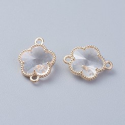 ガラスリンクコネクター  環境に優しい合金のオープンバックベルゼルのパーツ  花  ライトゴールド  透明  15.5x12x5mm  穴：1.4mm&nbsp;X-GLAA-A037-A-16KC