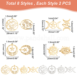 16個8スタイル304ステンレススチールペンダント  スター＆ムーン  本金メッキ&ステンレススチールカラー  19~30x25~35x1~1.5mm  穴：1.2~1.5mm  2個/スタイル&nbsp;STAS-DC0009-19