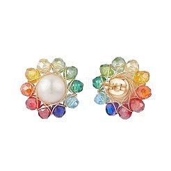 シェル パール & ガラス ビーズ サン スタッド ピアス  女性用304ステンレススチールワイヤーラップジュエリー  カラフル  16mm  ピン：0.8mm&nbsp;EJEW-TA00136