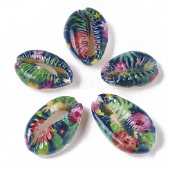 プリントされた天然のカウリーシェルビーズ  穴なし/ドリルなし  花柄  グリーン  18~25x12~15x7mm&nbsp;SSHEL-R047-01-C02