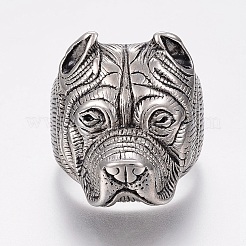304ステンレススチール子犬用指輪  ワイドバンドリング  ブルドッグヘッド  アンティークシルバー  17~22mm&nbsp;RJEW-G091-12