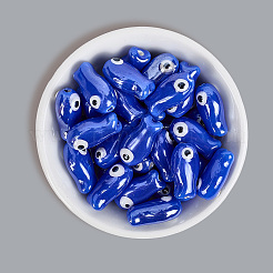 手作りの磁器セラミックビーズ40個  手描き  光沢釉の磁器  魚  ブルー  19x10x8mm  穴：1.5mm&nbsp;PORC-LT0001-07