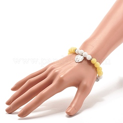 Natural Malaysia Jade(Dyed) & Howlite Round Beads Stretch Bracelet with Leaf Charm for Women&nbsp;BJEW-JB07504