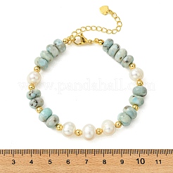 Natural Larimar Rondelle and Natural Cultured Freshwater Pearl Beaded Bracelets with Brass Round Beads&nbsp;BJEW-JB14417