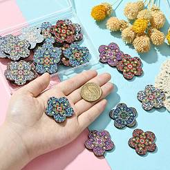 30 個 5 色プリントナチュラルバスウッドペンダント  花のチャーム  ミックスカラー  33.5x34.5x3mm  穴：1.5mm  6個/カラー&nbsp;WOOD-CJ0001-86