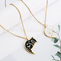 2Pcs Yin-yang Black and White Cat Shaped 201 Stainless Steel Enamel Pendant Necklaces for Couple&nbsp;FS-WG6093D-01