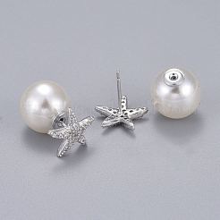 真鍮マイクロペーブクリアキュービックジルコニアスタッドピアス  アクリル模造パール付き  長持ちメッキ  スター  プラチナメッキ  11.5x12mm  ピン：0.7mm&nbsp;EJEW-K083-07P