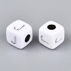 不透明なアクリルビーズ  文字付きのキューブ  シルバーライン入り  文字J  9~10x9~10x9~10mm  穴：4mm  約625個/500g&nbsp;SACR-T035-03J