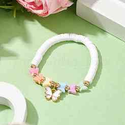Polymer Clay Heishi Surfer Stretch Bracelet with Acrylic Butterfly Charms&nbsp;BJEW-JB09915-02