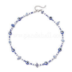 Natural Blue Aventurine(Dyed & Heated) Chip & Resin Evil Eye & Glass Seed Beaded Necklaces&nbsp;NJEW-JN05294
