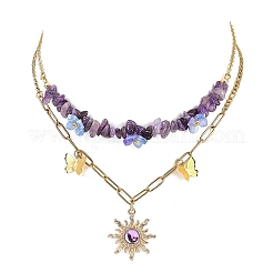 Alloy Resin Sun & Brass Butterfly Pendant Necklaces&nbsp;NJEW-JN05468-03
