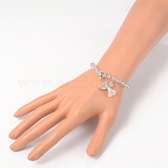 天使のガラスビーズのアクリルチャームブレスレット  チベットのスタイル合金ビーズで  素敵なウェディングドレスエンジェルダングル  アンティークシルバー  透明  48mm&nbsp;BJEW-JB01795-05