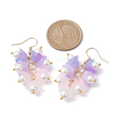 ガラスの花のダングルのイヤリング  304ステンレススチールピン付きシェルパールクラスターイヤリング  青紫色  50x10mm&nbsp;EJEW-JE05661-02