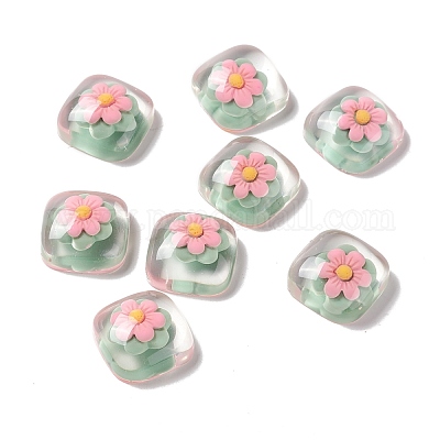 クリア樹脂カボション  正方形  ピンク  花柄  19x19x8mm&nbsp;RESI-G034-A06-1