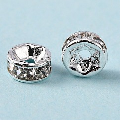Brass Grade A Rhinestone Spacer Beads, Silver Color Plated, Nickel Free, Rondelle, Crystal, 6x3mm, Hole: 1mm