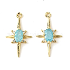 Brass Micro Pave Cubic Zirconia Pendants, Cadmium Free & Nickel Free & Lead Free, Real 18K Gold Plated, Star, Sky Blue, 21x12x3.5mm, Hole: 1.2mm