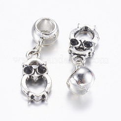 合金のチベット風チャーム  ラインストーン付き  フクロウ  ジェット  アンティークシルバー  34.5mm  穴：5.5mm&nbsp;ALRI-G059-01AS