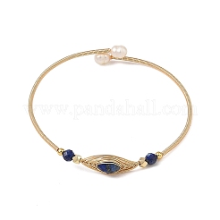 Faceted Horse Eye Natural Mixed Stone Herringbone Wire-Wrapped Brass Open Cuff Bangles with Natural Pearl for Women&nbsp;BJEW-JB14303