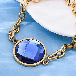304ステンレススチールフラットラウンドリンクブレスレット  女性用アズキチェーンブレスレット  ガラスと  イオンプレーティング（ip）  ゴールド  多面カット  藤紫色  7-5/8インチ（19.5cm）&nbsp;BJEW-A036-10G-01