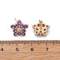 女性用フラワーブラスマイクロパヴェキュービックジルコニアスタッドピアス  カドミウムフリー＆鉛フリー  長持ちメッキ  ラックめっき  ゴールドカラー  パープル  12x12.5mm&nbsp;EJEW-G428-28B-03