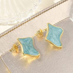 女性のための真鍮エナメル スタッド イヤリング  菱形  長持ちメッキ  ラックめっき  鉛フリー＆カドミウムフリー  ゴールドカラー  空色  20x22mm&nbsp;KK-CBA760A-07G-03