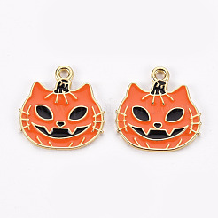 ラックメッキ環境に優しい合金エナメルペンダント  ハロウィンモチーフ  カドミウムフリー＆鉛フリー  ライトゴールド  カボチャのハロウィーンのカボチャのちょうちん  ダークオレンジ  20x19.5x1.5mm  穴：1.8mm&nbsp;ENAM-N052-003-RS