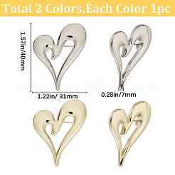 2個 2色合金ハートブローチピン  バックパックの服のバッジ  プラチナ＆ライトゴールド  40x31x7mm  ピン：0.7mm  1個/カラー&nbsp;JEWB-CP0001-61
