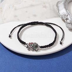 合金ラインストーンエレファントリンクブレスレット  ナイロン糸編み調節可能なブレスレット  ブラック  内径：2~3-3/8インチ（5.1~8.5cm）&nbsp;BJEW-JB10004