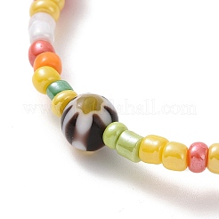 Seed & Millefiori Glass Beaded Stretch Bracelet with Brass Star Charms for Women&nbsp;BJEW-JB09355
