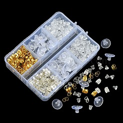 400 個 4 スタイル鉄 & プラスチックピアスキャッチ  ベルイヤーナット＆フリクションイヤーナット＆クラッチピアスバックキャッチ  ゴールデン＆シルバー  4~10x4~6x3mm  穴：0.7~1mm&nbsp;FIND-FS0001-87
