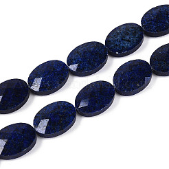 天然石ラピスラズリビーズ連売り  フラットオーバル  多面カット  18x13~13.5x5.5~6mm  穴：1.2mm  約11個/連  7.87インチ（20cm）&nbsp;G-S354-13x18-A02