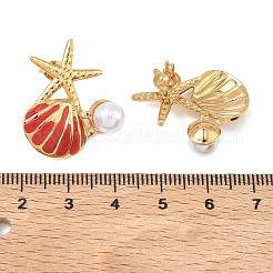女性用304ステンレススチールスタッドピアス  エナメルとプラスチックのイミテーションパールビーズ付き  貝殻の形をしたヒトデ  イオンプレーティング（ip）  18KGP本金メッキ  ミックスカラー  26x22mm&nbsp;EJEW-F411-03G