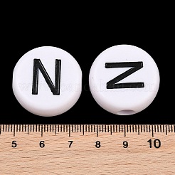 不透明な白いアクリルヨーロッパビーズ  エナメル加工されたフラットラウンドい大きな穴のビーズ  文字N  25x10mm  穴：6mm  約95個/500g&nbsp;AC-CBA3BDD-01N