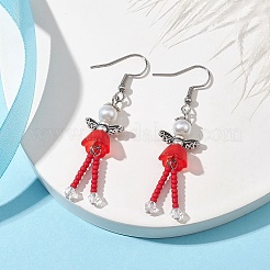 304ステンレススチール製フェアリーダングルイヤリング  ガラスシード＆アクリルパールロングドロップイヤリング  レッド  55.5x14mm&nbsp;EJEW-MZ00129-03
