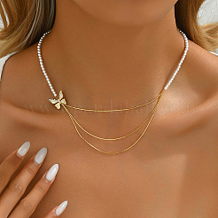 Elegant Brass Enamel Butterfly Imitation Pearl Three Layers Necklaces for Women&nbsp;AF5436-1