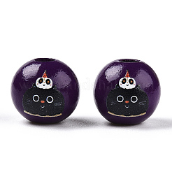 ハロウィーンテーマの木製ヨーロッパビーズ  プリントされた大穴ビーズ  ラウンド  インディゴ  猫の形  15.5~16.5mm  穴：3.5~4.5mm&nbsp;WOOD-N016-04N