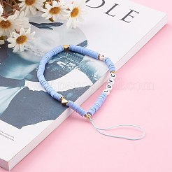 ポリマークレイヘイシビーズモバイルストラップ  電話ジュエリー  アクリルエナメルビーズと真鍮ビーズ付き  単語の愛  ゴールドカラー  ライトブルー  20cm&nbsp;HJEW-JM00464-03