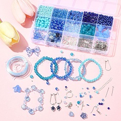 DIY ジュエリーセット ファインディングキット  ステンレススチールのピアスフックとピンを含む  合金の留め金  ガラス＆アクリルビーズ  伸縮性のある糸  ブルー&nbsp;DIY-FS0008-58