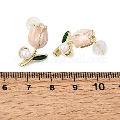 女性用合金エナメル＆ラインストーン＆プラスチックパールスタッドピアス2ペア  チューリップ  スターリングシルバー製のピン925個付き  ゴールドカラー  21~25.5x13.5~20.5mm&nbsp;AL-CBA004A-05G