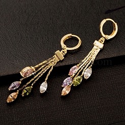 Real 18K Gold Plated Brass Cubic Zirconia Tassels Dangle Hoop Earrings&nbsp;EJEW-EE0001-185