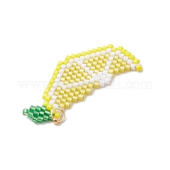 ガラスシードビーズのレモンペンダント  304ステンレススチール製丸カン付き  18KGP本金メッキ  きいろ  35x20x1.5mm  穴：3mm&nbsp;PALLOY-MZ00814-02