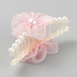 PSプラスチック＆ポリエステル＆鉄爪ヘアクリップ、女性用、女の子用、太い髪用  ゴールドカラー  花  ピンク  60x110x56mm&nbsp;PHAR-WH0017-20B