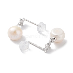 女性用天然真珠とキュービックジルコニアのスタッドピアス  スターリングシルバーピンと  プラチナ  12x8mm&nbsp;EJEW-C083-01P