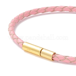 女性のための編みこみの革コードブレスレット  ゴールドカラー  ピンク  7-5/8インチ（19.3cm）&nbsp;BJEW-C009-01B