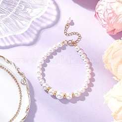 女性用シェルパールラウンドビーズブレスレット＆ネックレスセット  304ステンレススチールアズキチェーンジュエリーセット  ゴールドカラー  7.80インチ（198mm）&nbsp;SJEW-JS01321